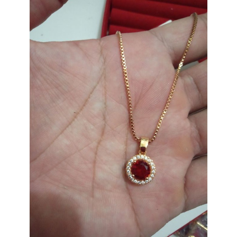 kalung xuping wanita berlapis emas dengan permata merah bermata zircon 45cm L88.