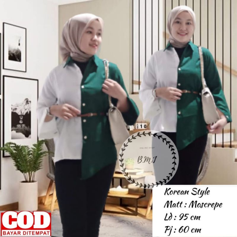 Kemeja Wanita Atasan Blouse Casual Polos Kombinasi Warna Motif Korean style Fashion Muslim 018-4