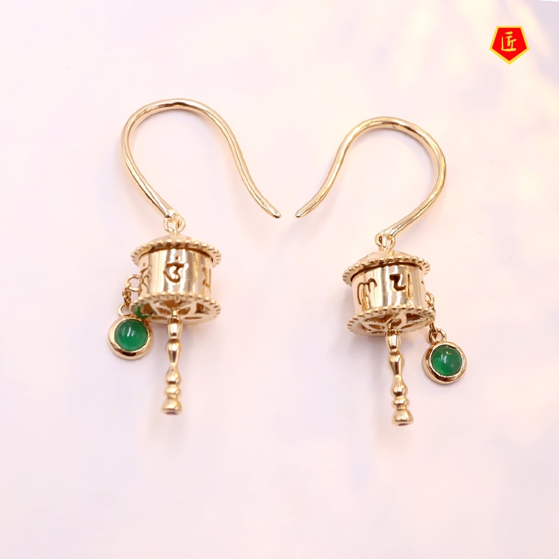 [Ready Stock]Prayer Wheel Blessing Necklace Natural Emerald Earrings