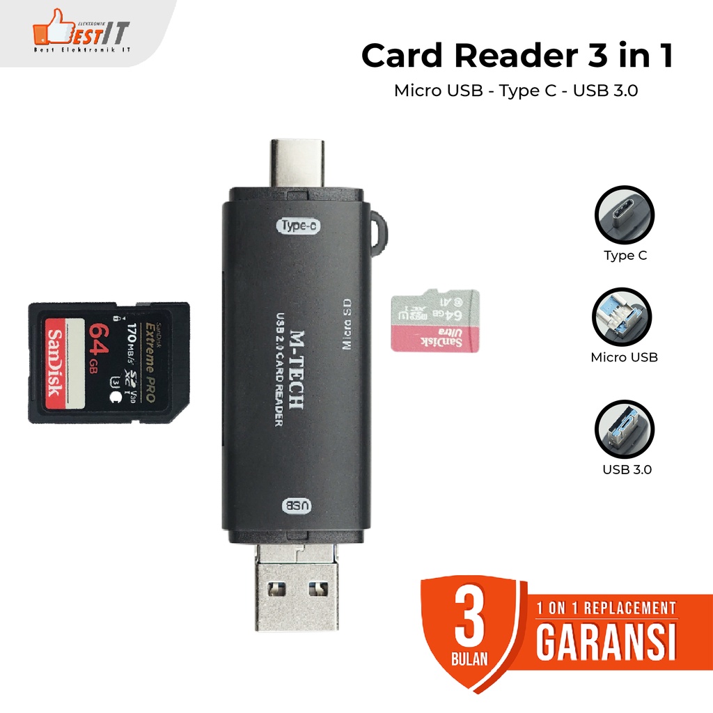 USB C CARD READER 3.0 MICRO USB 3 IN 1 SD CARD OTG CR30 M-tech Original