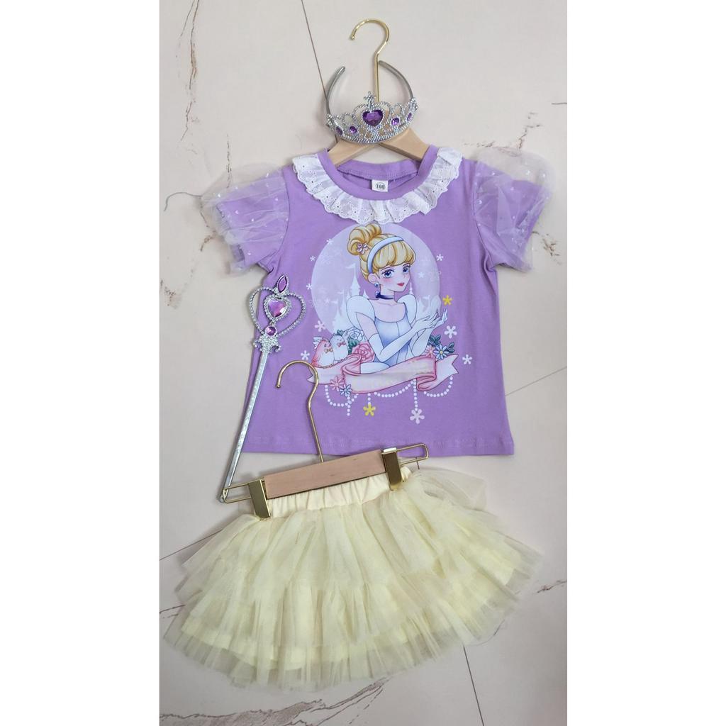 Kaos Lengan Pendek Motif Princess Kerah Renda Lengan Balon