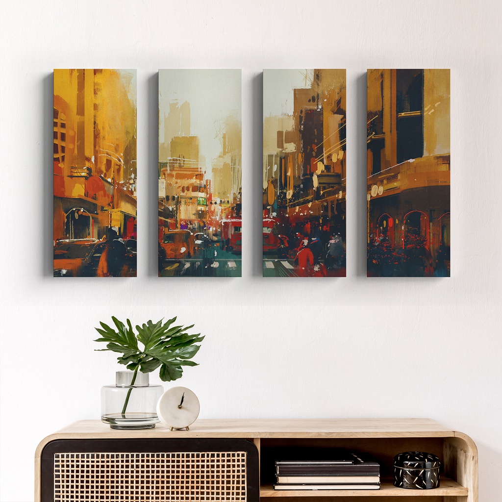 Lukisan Panel Nuansa Kota Senja Warna Orange Dekorasi Dinding Rumah Dekorasi Kamar Hotel Vila Resort