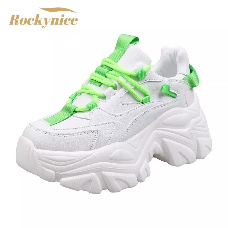 Sneakers Platform Sepatu Kasual Wanita Fashion Beralas Tebal Basket Latihan Wanita Sneakers Chunky Wanita Sepatu Zapatillas (P002)-Hijau