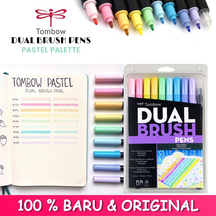 

kaligrafi-perlengkapan- tombow dual brush pen set with brush - pastel palette (pack of 10)