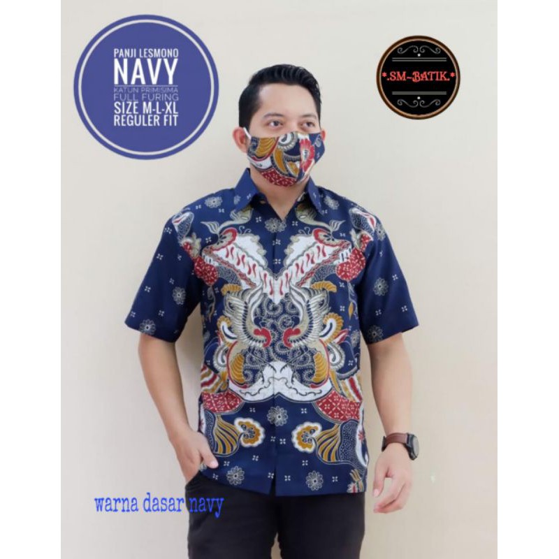 Batik Lengan Pendek Warna Navy Hem Batik Pria Warna Navy Batik Navy Lapis Furing LESMONO NAVY