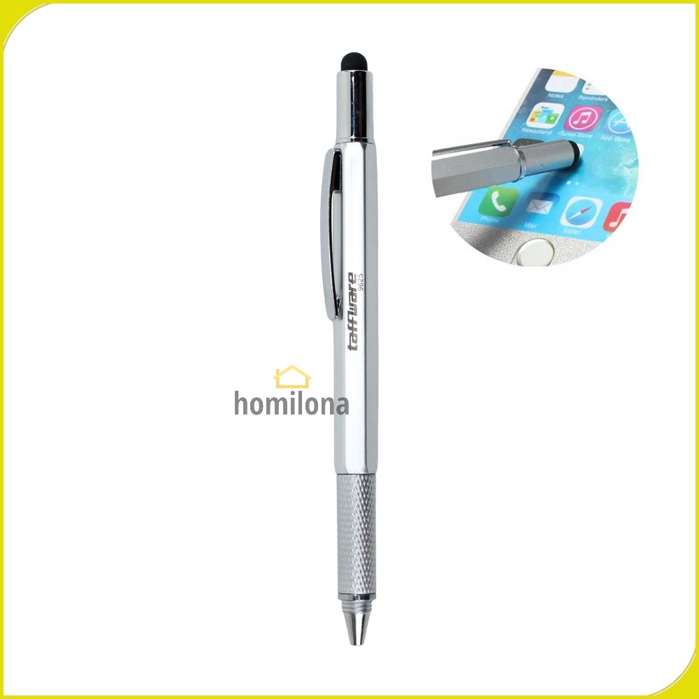 Pena Multifungsi Plastik Stylus + Penggaris + Level + Obeng - Taffware 9625 Black Silver