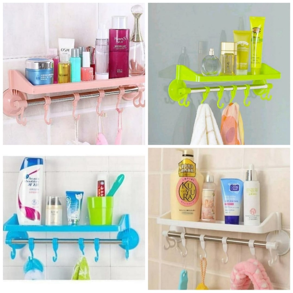 Rak Kamar Mandi Gantung Tempel Bahan Plastik Kuat Dekorasi Kamar Mandi Gangan Handuk Perlengkapan Ru