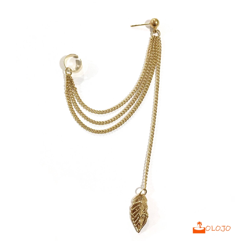 OLOJO Anting  Clip Tanpa Tindik Rantai Daun Anting Geometris Pinggiran Daun Paduan Earring