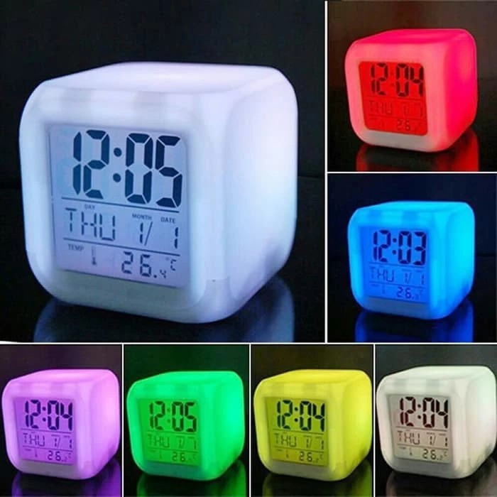 Jam Alarm Moody Kotak Jam LED Meja Digital Lampu Led Jam Kubus 7 Warna