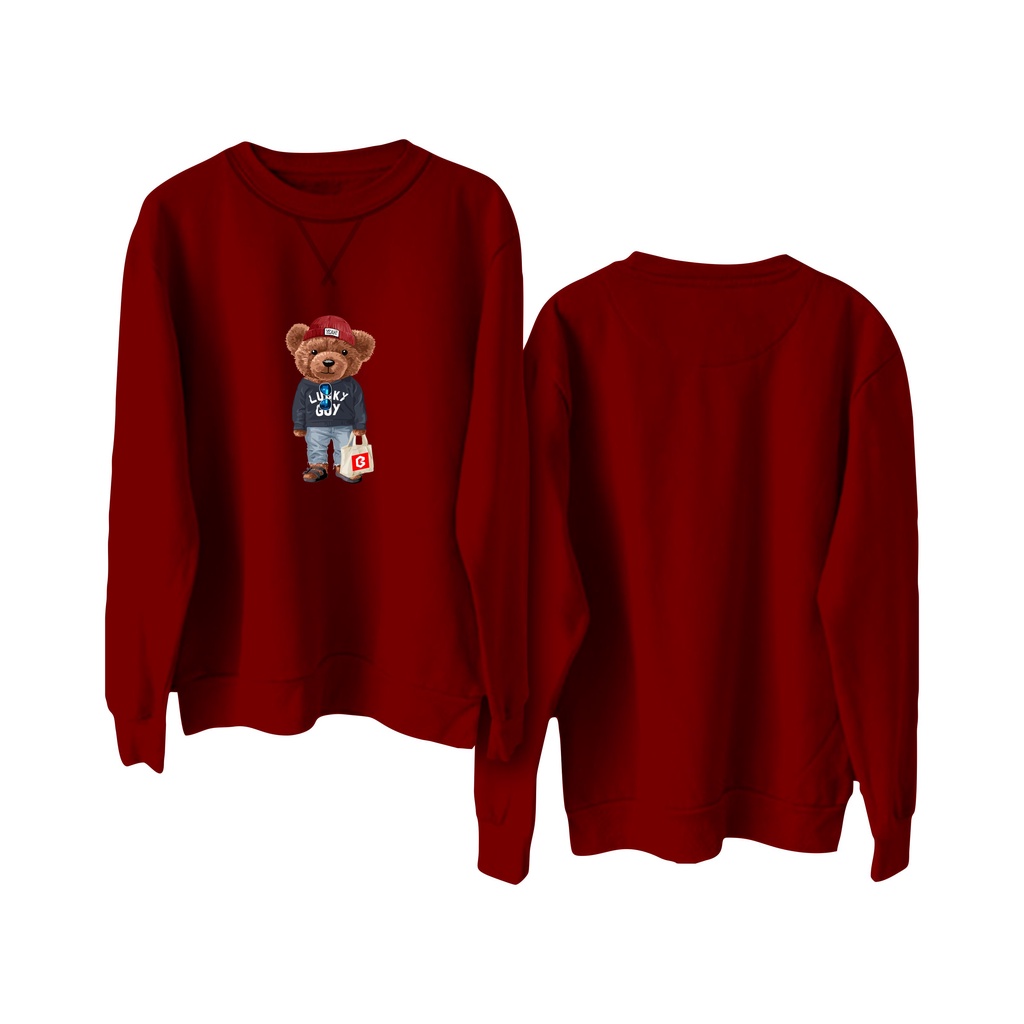 Sweater Crewneck BRIGO Sablon DTF Fleece Cotton || BRIGO Basic Sweatshirt Lucky Guy beruang M-XXL (Pria &amp; Wanita) Free stiker&amp;Gantungan Kunci
