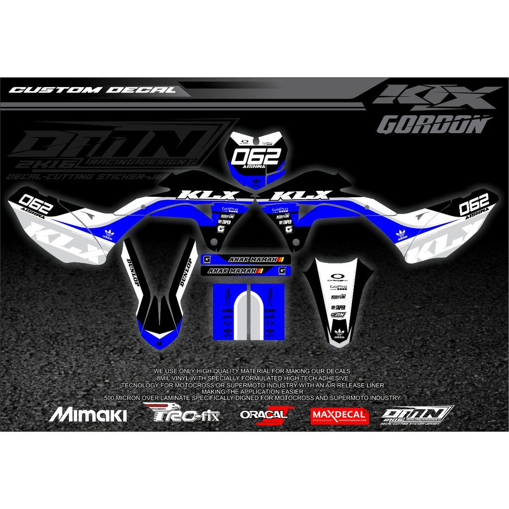 Decal Klx Gordon warna biru putih desain minimalis harga termurah
