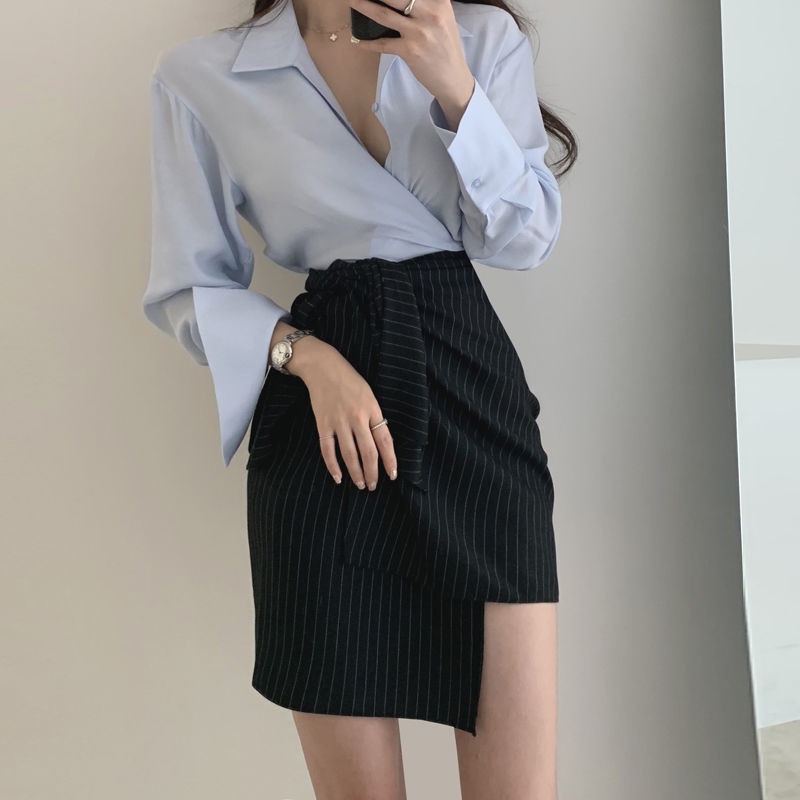 Blus setelan geng + set dua potong rok A-line pinggang tinggi