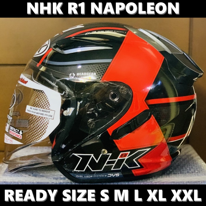 Helm NHK R1 Napoleon Black Red Glossy Double Visor Half Face - Helem Motor SNI DOT Touring Dewasa Pr