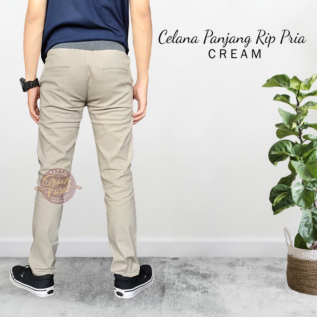 Celana Panjang Chinos Pria Cream Model Rip Pinggang Karet