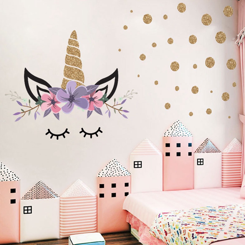 Lovely Unicorn Flower Dot Art Wall Sticker Girls Bedroom Kids Nursery Decal Decor