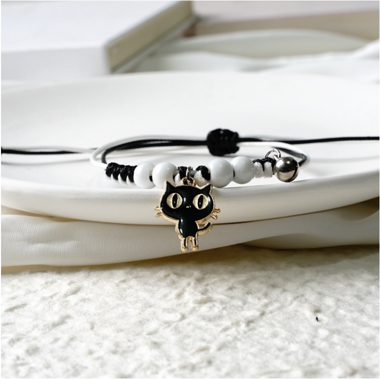[Big Sale]1 Pcs Gelang Wanita Korea Gelang Couple Sahabat Manik Tali  Braided Bracelet/Friendship Adjustable Fashion Aksesoris-Kucin-Hitam