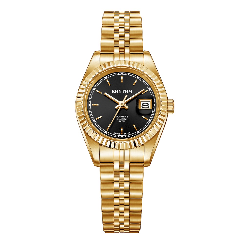 JAM TANGAN WANITA RHYTHM RQ1612 S12 RQ1612S12 ANALOG GOLD BLACK STAINLESS STRAP