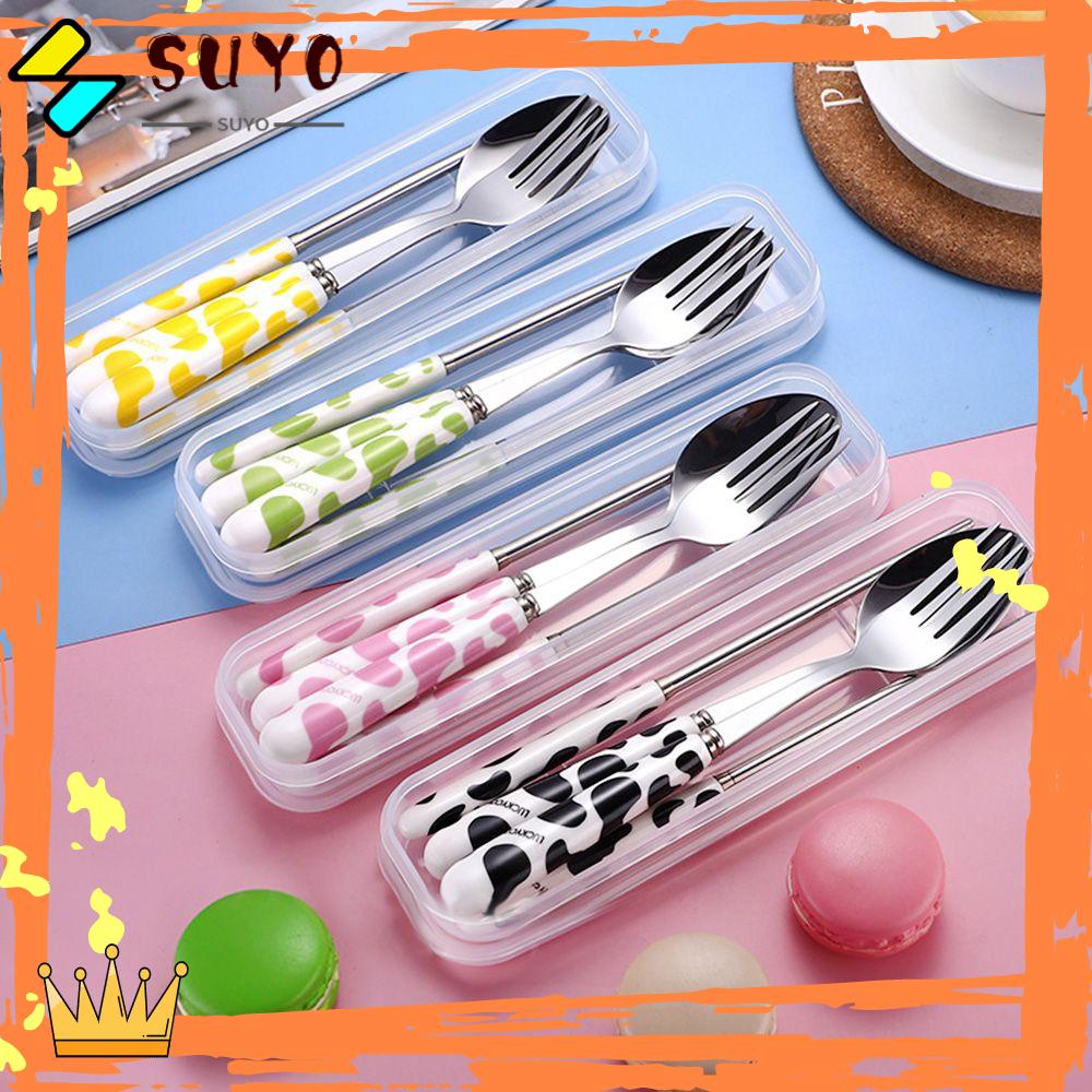 Suyo Set Peralatan Makan Portable Motif Sapi Bahan Keramik Reusable