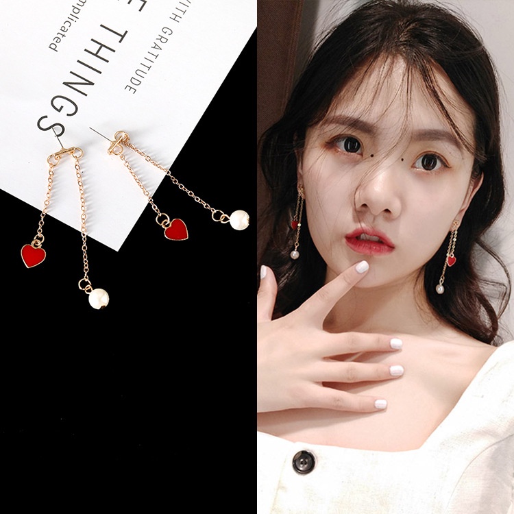 Sterling silver jarum Korea balon udara panas Asimetris cinta Mutiara Merah cinta drip mengkilap luc