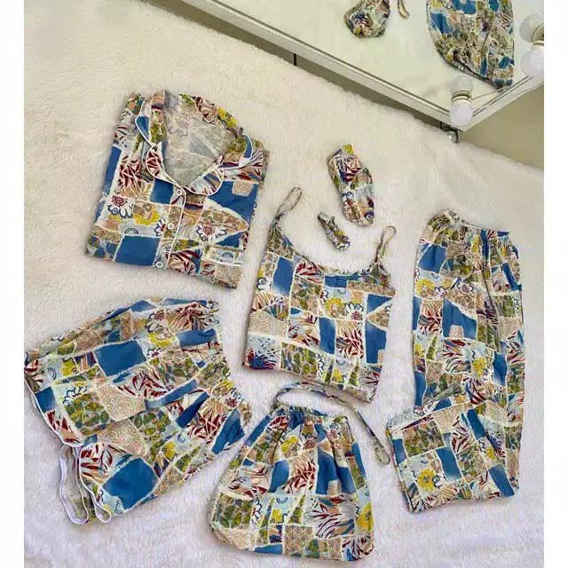 SET PIYAMA SATEN PREMIUM 7IN1 & RAYON 7IN1 READY STOK Kyoro Beauty 7 in 1 - celline-KIMI BIRU