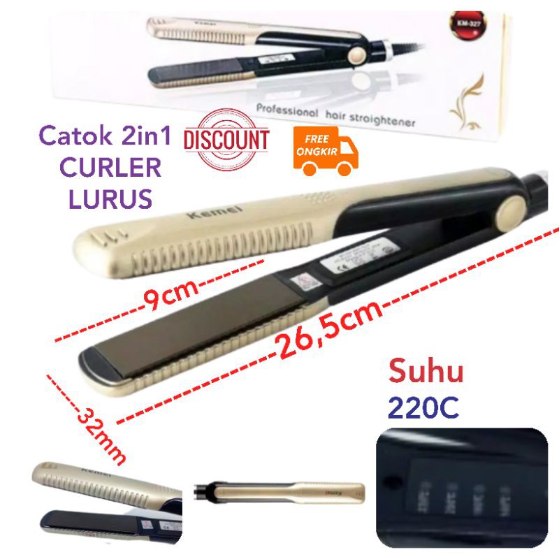 Alat Catokan Rambut KEMEI KM 327 2IN1 Curly Keriting Lurus Rebonding Murah ORI