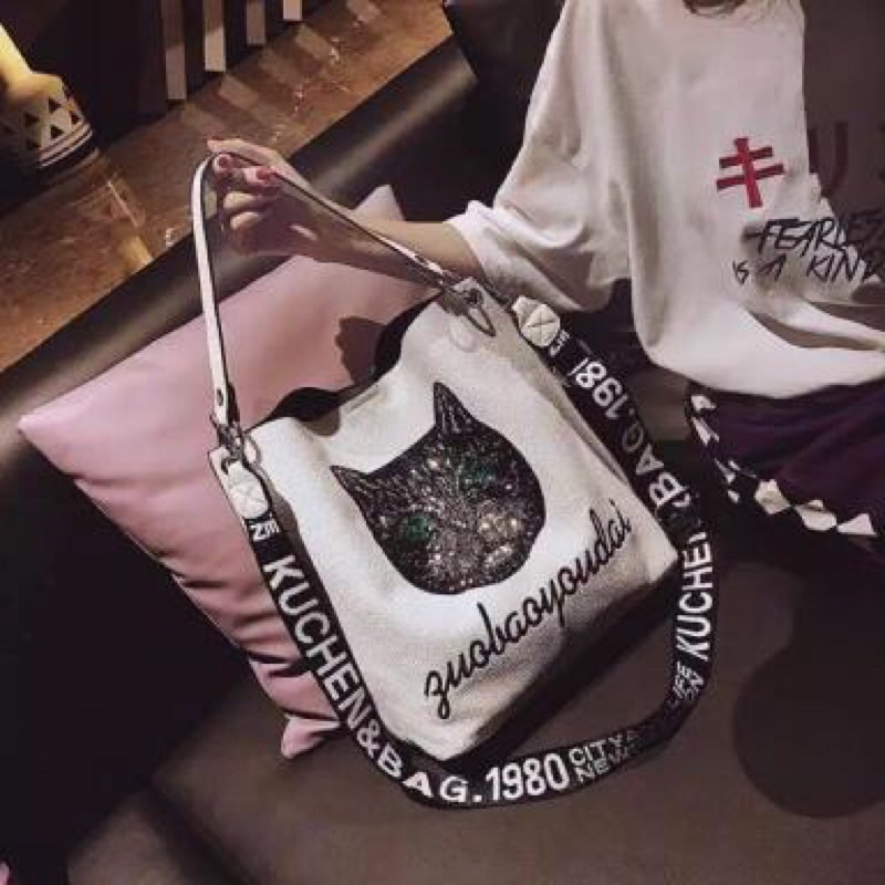 SG3313 syafniegalery tas selempang import motif kucing tote bag