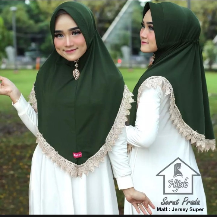 Jilbab Instan Serut Prada Renda Import Jersey Super Premium Model Bergo Terbaru-Hijau Army