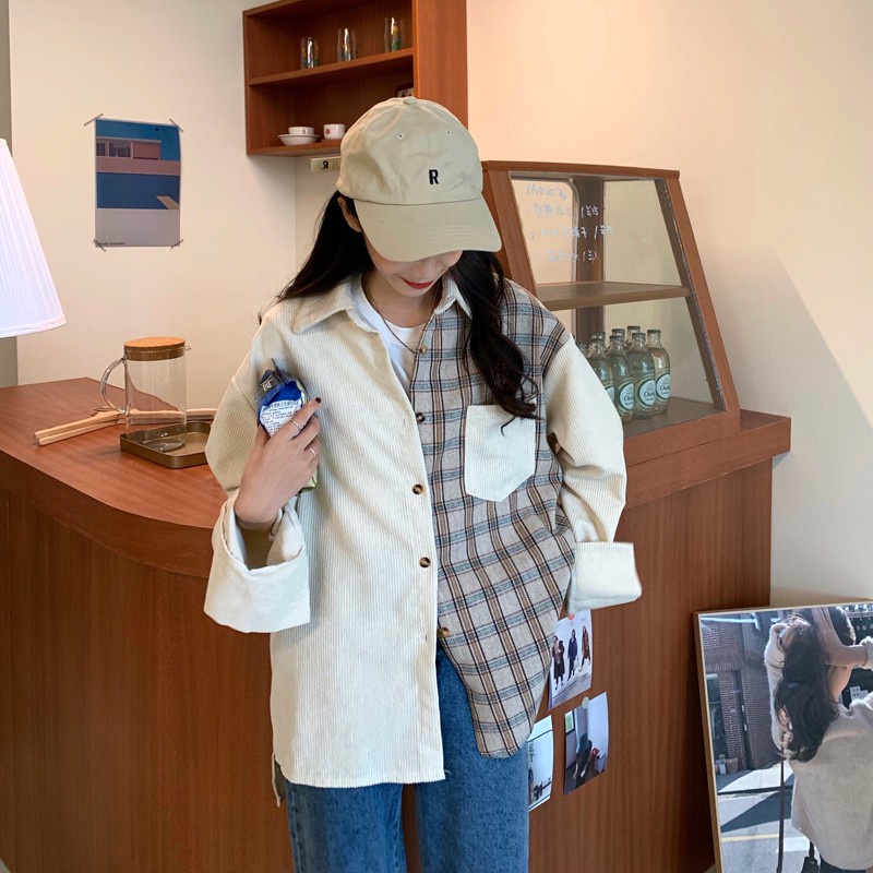 Kemeja Kotak-kotak Wanita Korea Jaket Lengan Panjang Retro