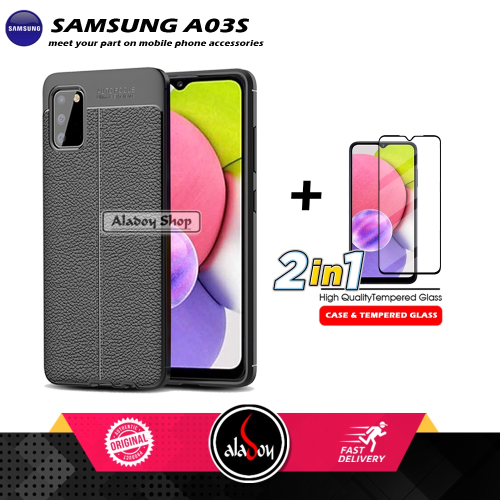 PAKET Case Autofocus Leather Free Tempered Glass Pelindung Layar Samsung A03S