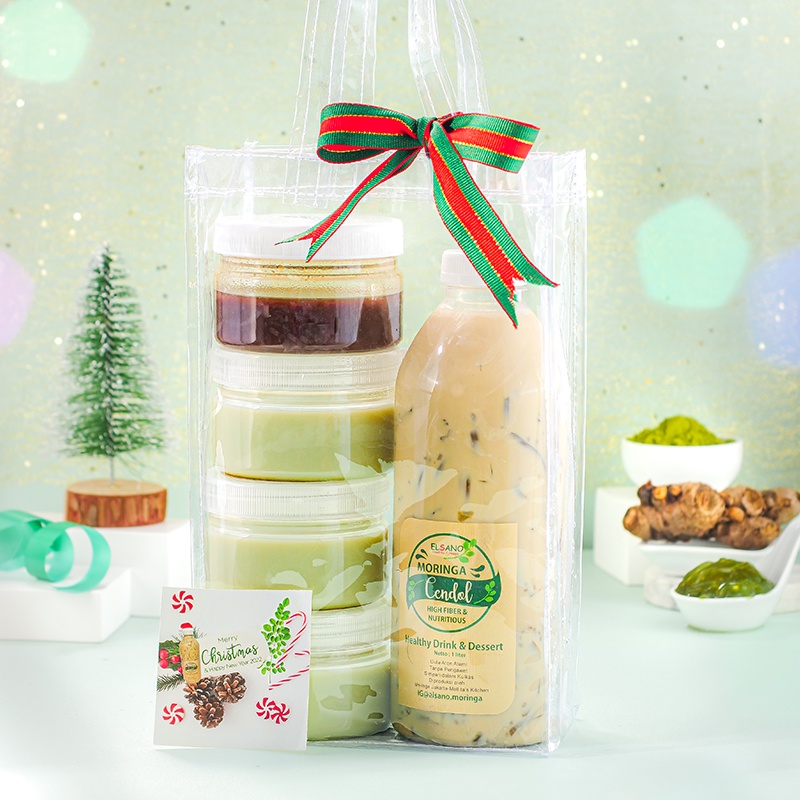 

Exclusive Hamper, 3 jar Moringa Kembang Tahu Elsano @190ml dengan 1 jar Aren Jahe Merah 150 ml dan 1 btl Moringa Cendol Elsano 1 ltr