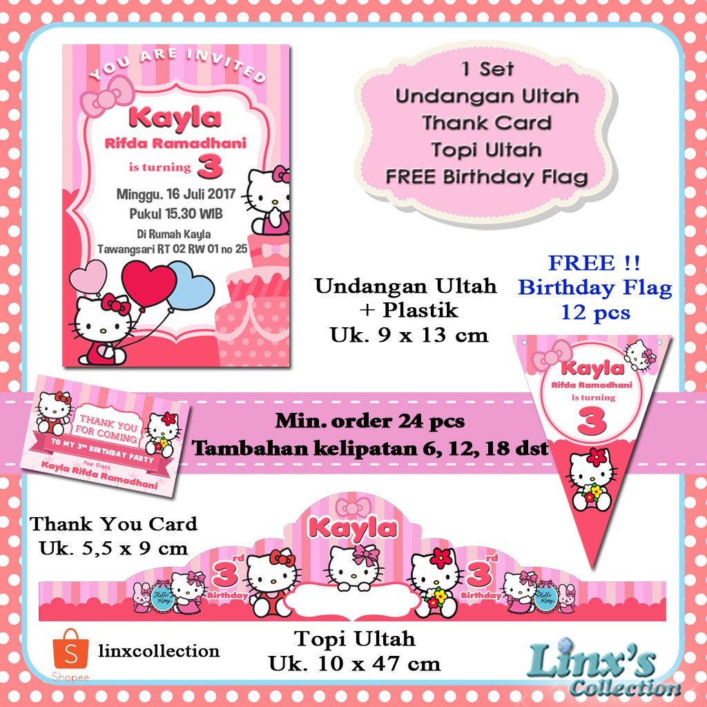 Souvenir Ultah 1 Set Undangan Ultah Anakkartu Souvenirtopi Ulang Tahun Hello Kitty