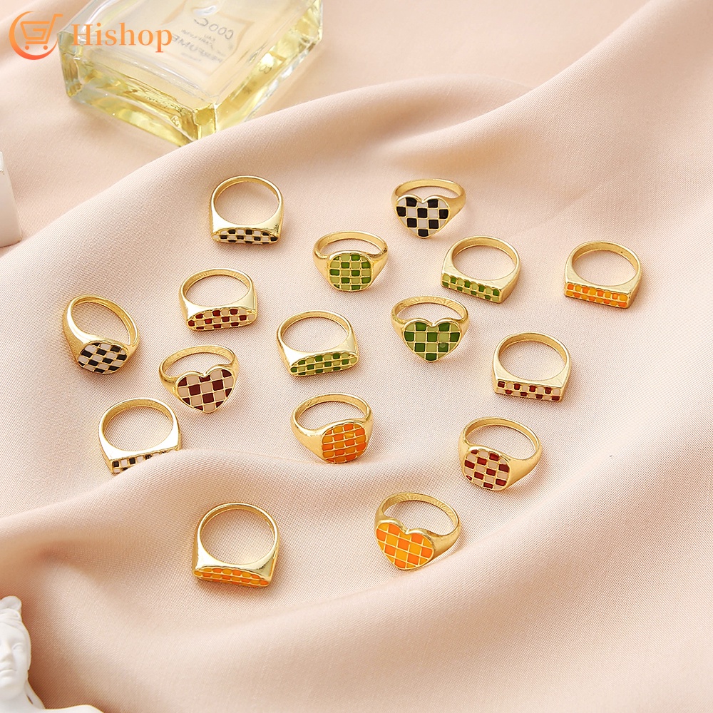 Gold Checkerboard Geometry Rings Heart Shape Colorful Rings for Women Fashion Jewelry Accessories