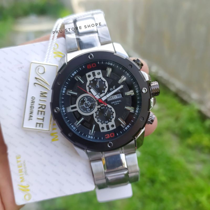 SPORTY MIRETE ORIGINAL SILVER PLAT HITAM TERBARU/JAM TANGAN KASUAL PRIA  TERMURAH TAHAN AIR  FITUR TANGGAL HARI/JAM TANGAN COWOK RANTAI STAINLIS STEL MIRETE ORIGINAL COD/JAM TANGAN IMPORT KEKINIAN DAN TERLARIS FREE BATRAI MIRETE M 97