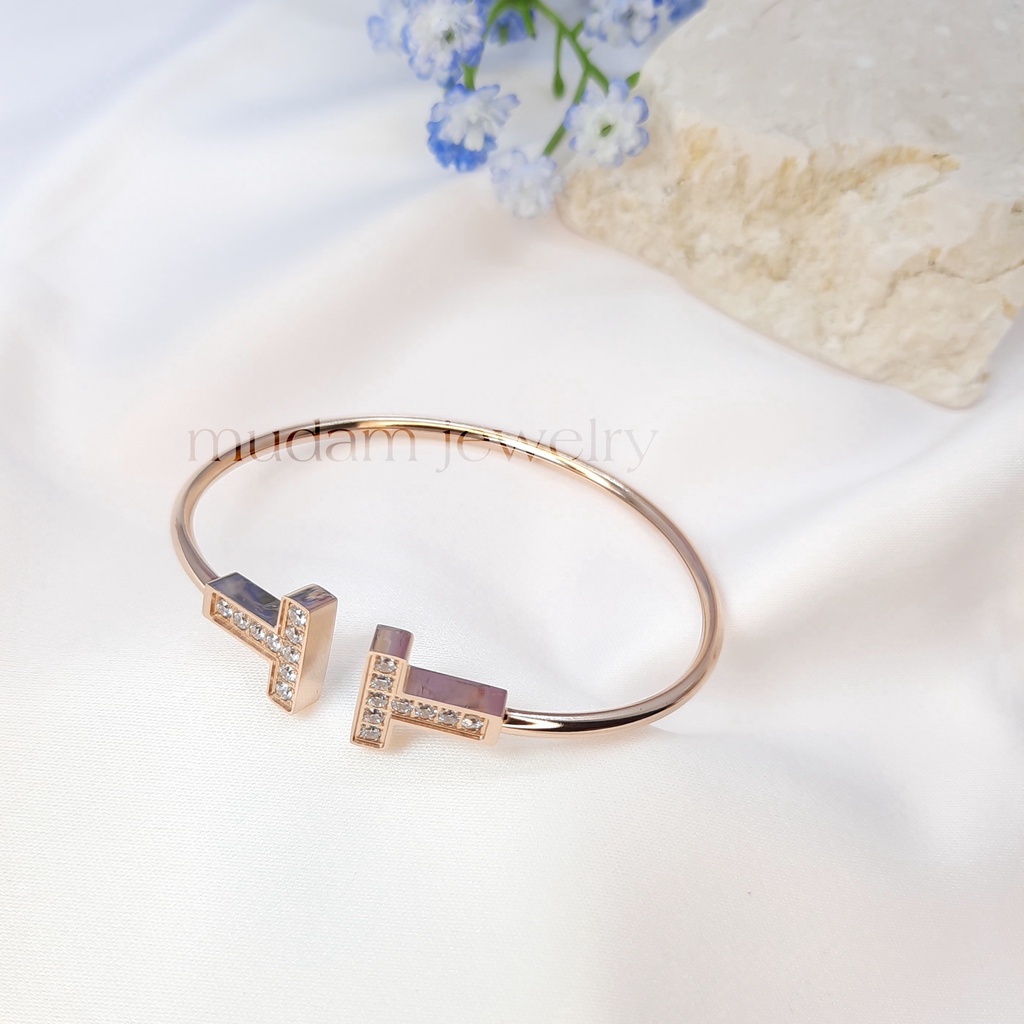 Gelang Lentur Bentuk T Double Dengan Diamonds Artifisial Warna Rose Gold, Gold dan Silver