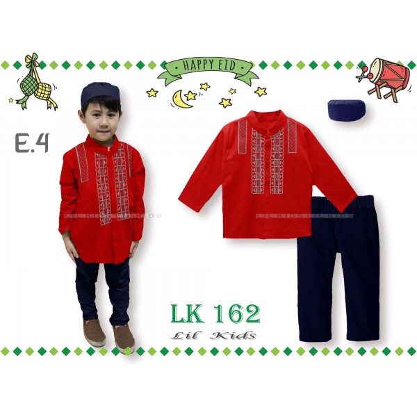 IMPORT LK 162 E4 Baju Koko Muslim Anak Merah Peci Kopiah Celana India Pakistan Lengan Panjang