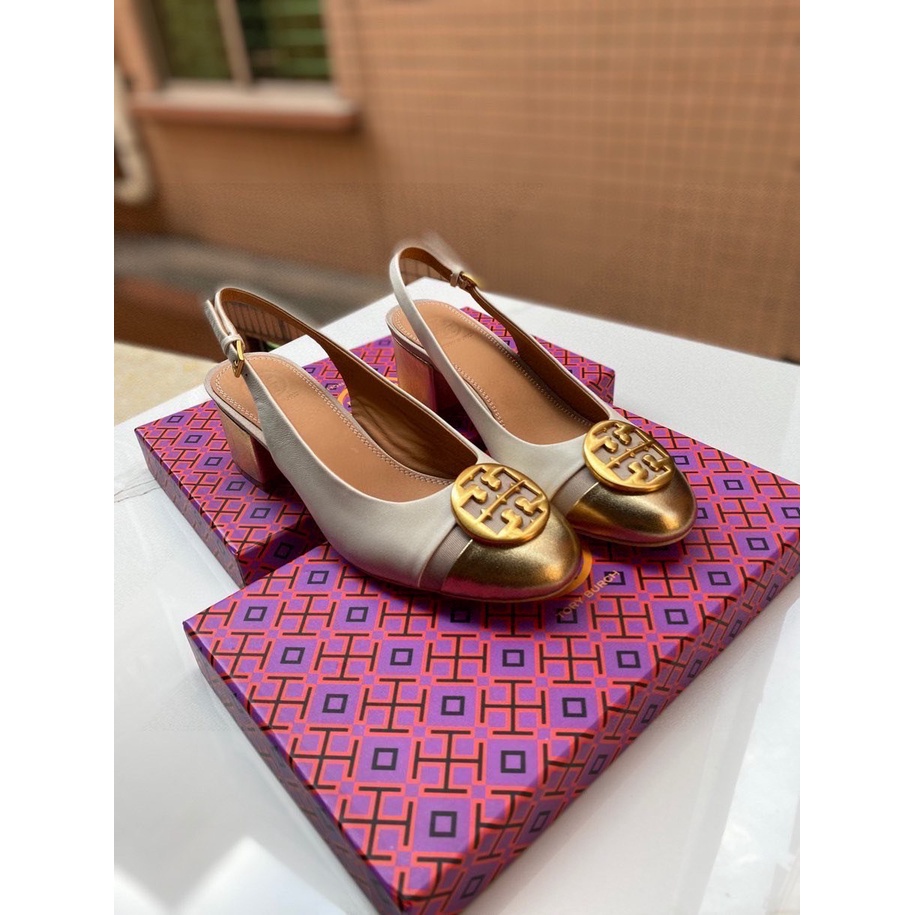 Tory Burch classic metal stitching round buckle sandals high heels