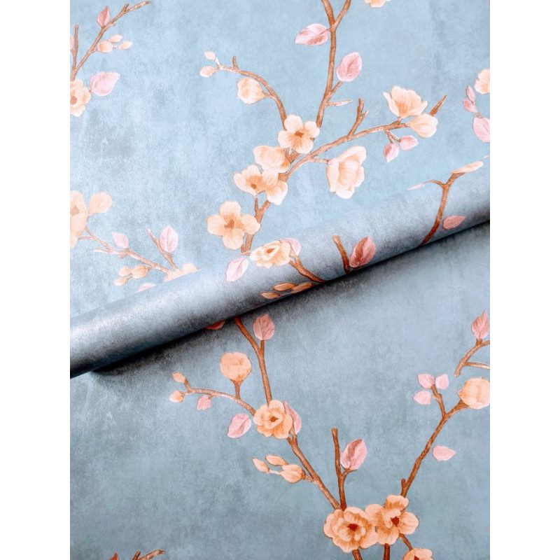 Wallpaper Sticker Dinding Motif Bunga Sakura Biru Panjang 10Meter x Lebar 45cm