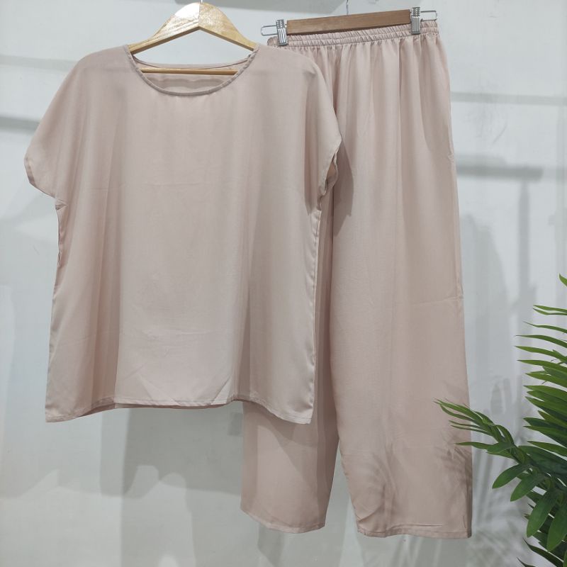 BAJU TIDUR POLOS PIYAMA POLOS CELANA PANJANG LENGAN PENDEK BAHAN RAYON babbydoll-POLOS COKLAT SUSU