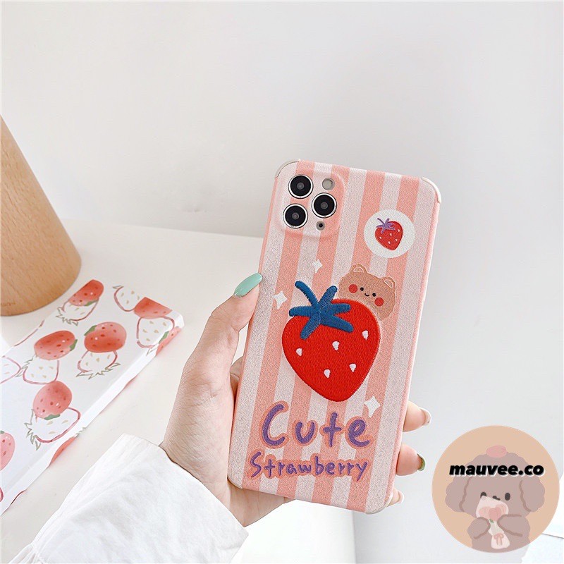 IPHONE CASE SOFTCASE CASING EMBROIDERY BEAR CUTE STRAWBERRY X XS MAX XR 11 PRO MAX