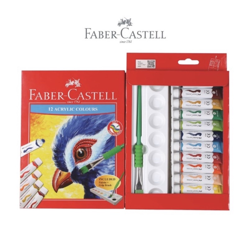 ( Set 12 Colours ) FABER CASTELL ACRYLIC TUBE 12 ML COLORING SET - FREE BRUSH - PAINTING CAT MINYAK AKRILIK