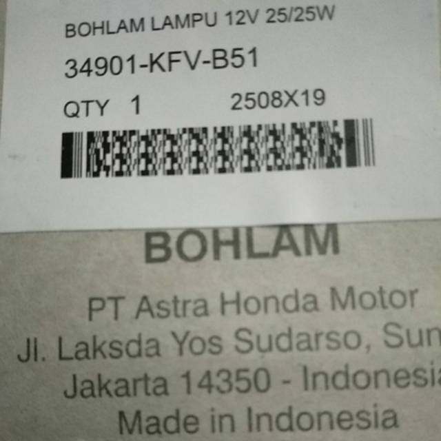 Bohlam Depan Lampu Dop Depan 12V25W Honda 34901 KFV B51