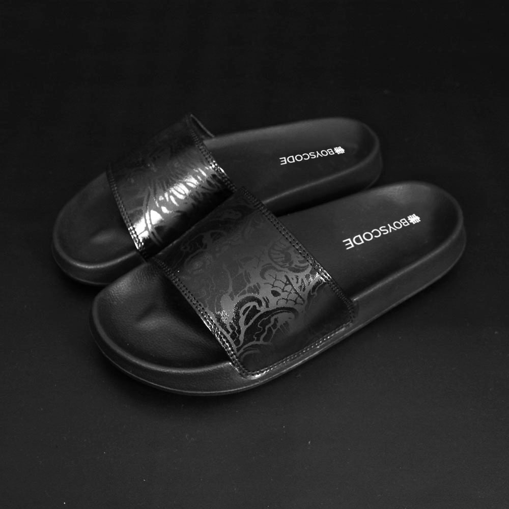 Sendal Selop Pria Wanita Distro Boyscode Dragonforce Motive Fullblack/ Sendal Slip On Pria / Sendal Slide Pria