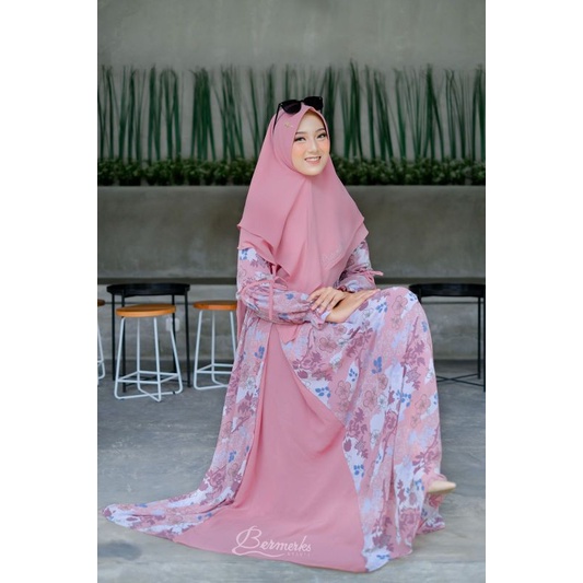 Ori Bermerk set gamis syar'i gamis + khimar/hijab, new arrival model kekinian motif bunga