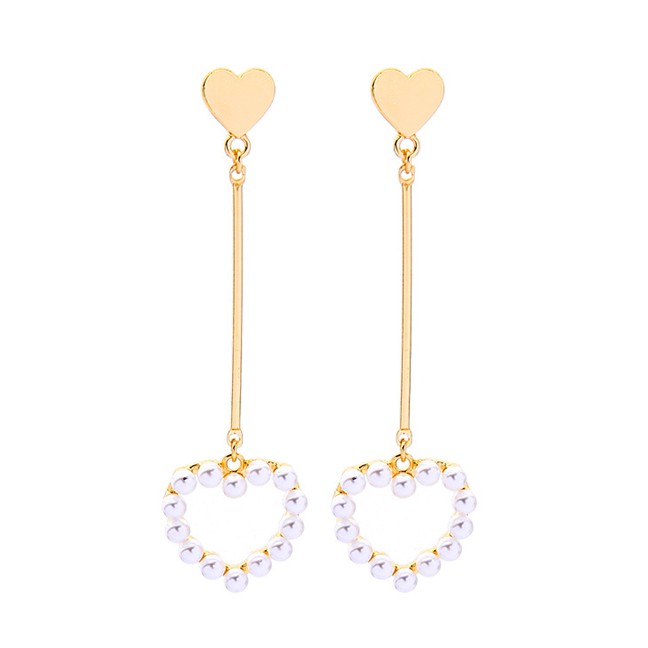 LRC Anting Tusuk Fashion Golden Long S925 Silver Needle Alloy Ring Heart-shaped Pearl Earrings F9141