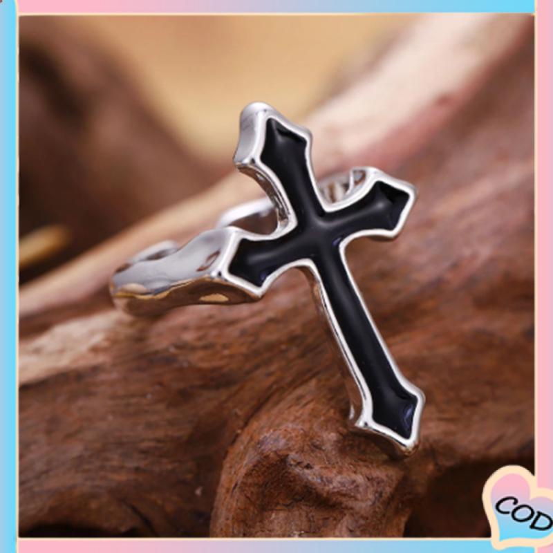 COD❤️ Retro Fashion Cross Cincin Pria Wanita Minyak Menetes Punk Jari Telunjuk Tren Cincin Hitam-A.one