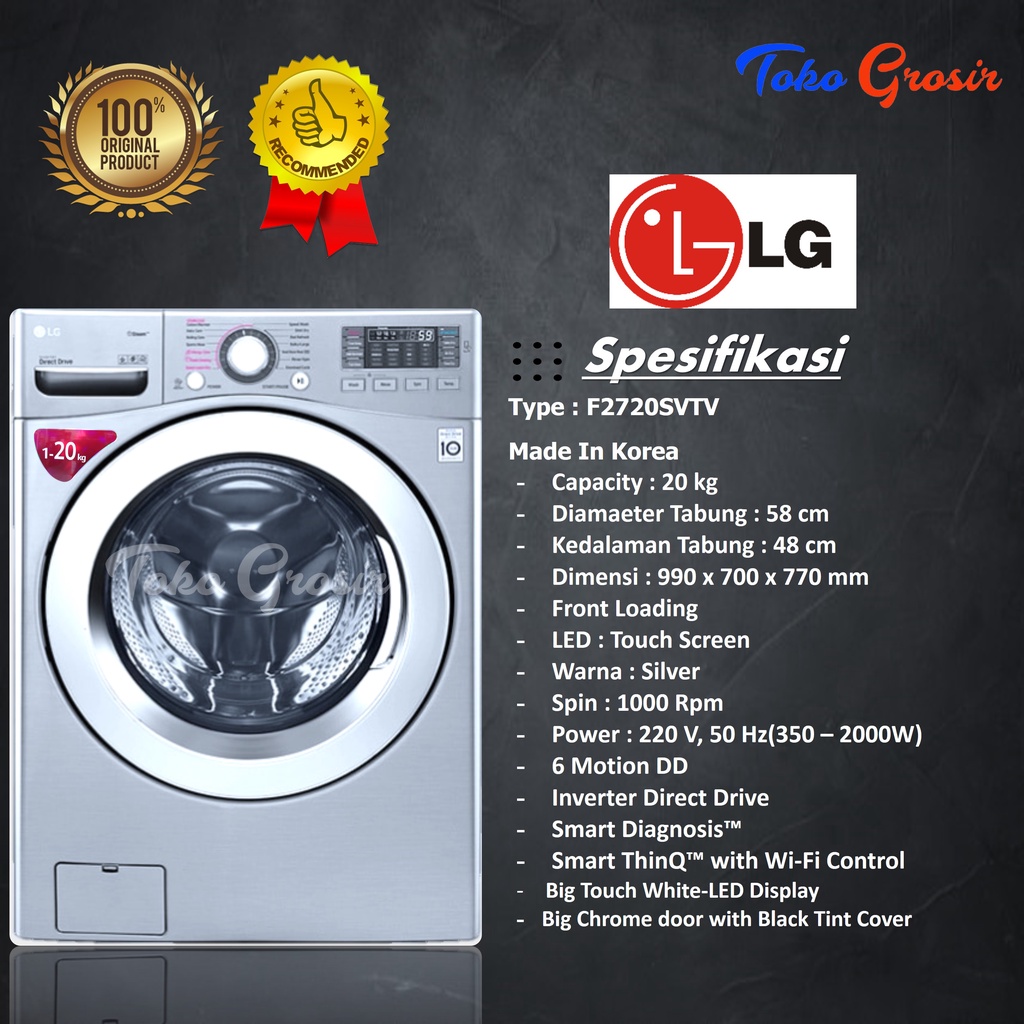 MESIN CUCI LAUNDRY/MESIN CUCI FRONT LOADING LG 20KG - F2720SVTV