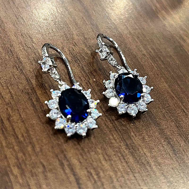 Anting Juntai Cubic Zirconia Warna Biru Tua Untuk Wanita