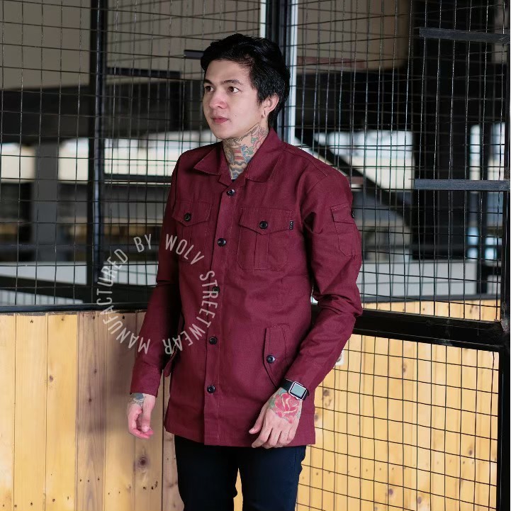 WOLV ORIGINAL JAKET SEMI PARKA CANVAS Jaket pria warna maroon rample pocket seri WSP402