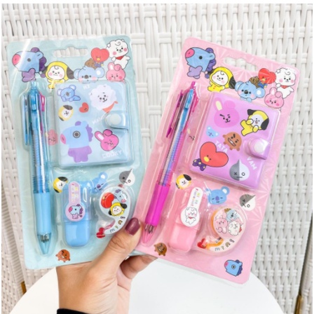 

PAKET ALAT TULIS 4 IN 1 MINI BT21 BTS MURAH UNIK BERKUALITAS SOLATIP PULPEN STABILO BUKU