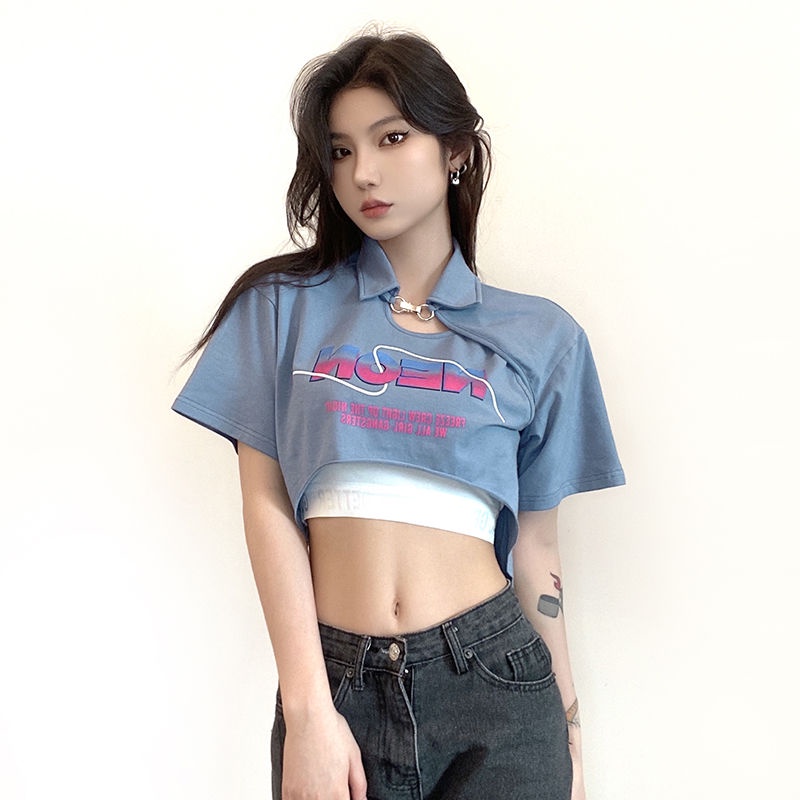 Kaos huruf retro biru seri gadis manis dan pedas StyleC dengan atasan dua potong tube top ramping pe